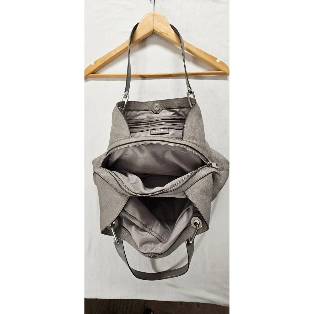 Michael Kors Taupe Pebbled Leather Triple Compartment Shoulder Bag Silver Logo
